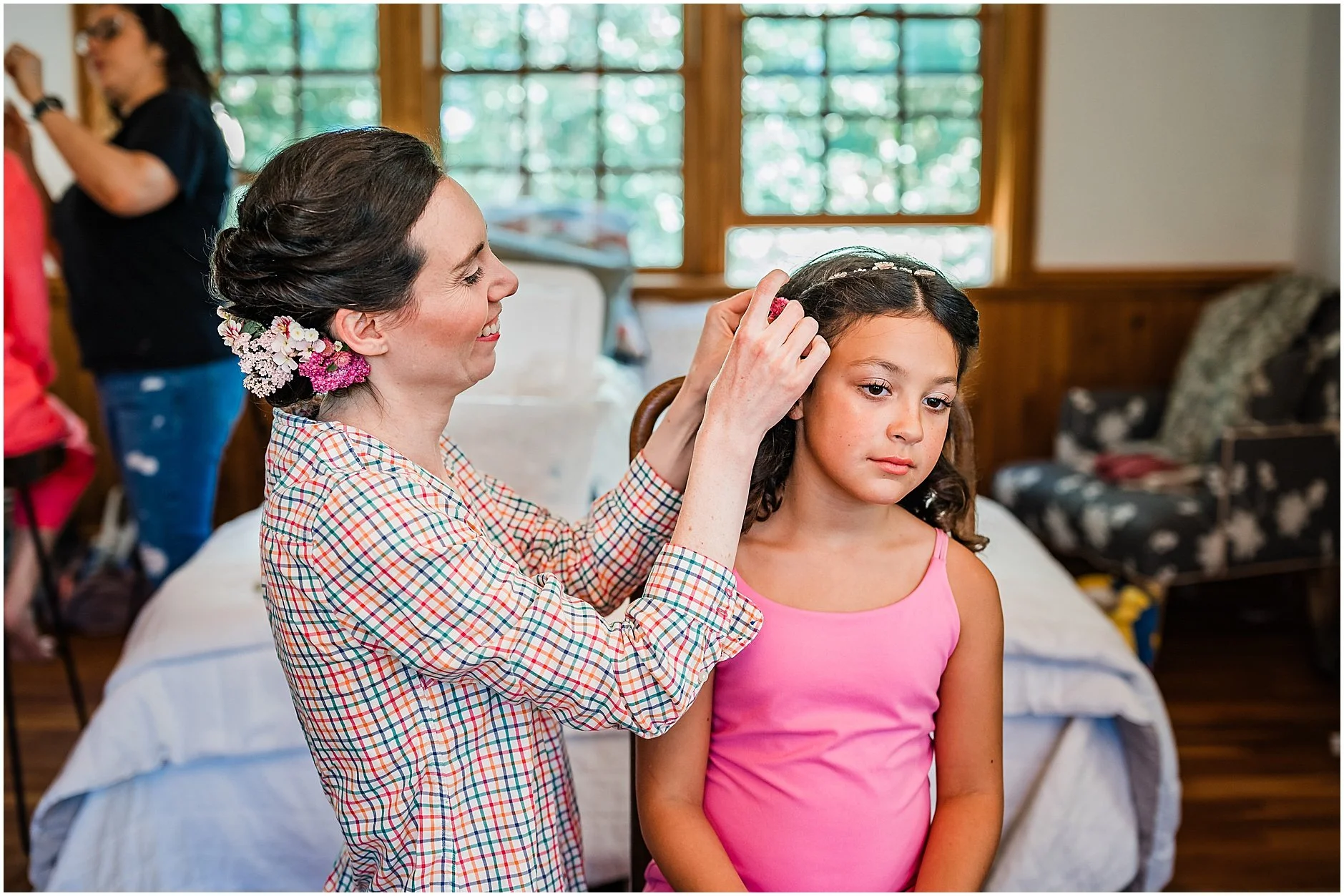 Bride and the flower girl getting ready for the ceremony at The Inn at West Settlement in the Catskills, NY.