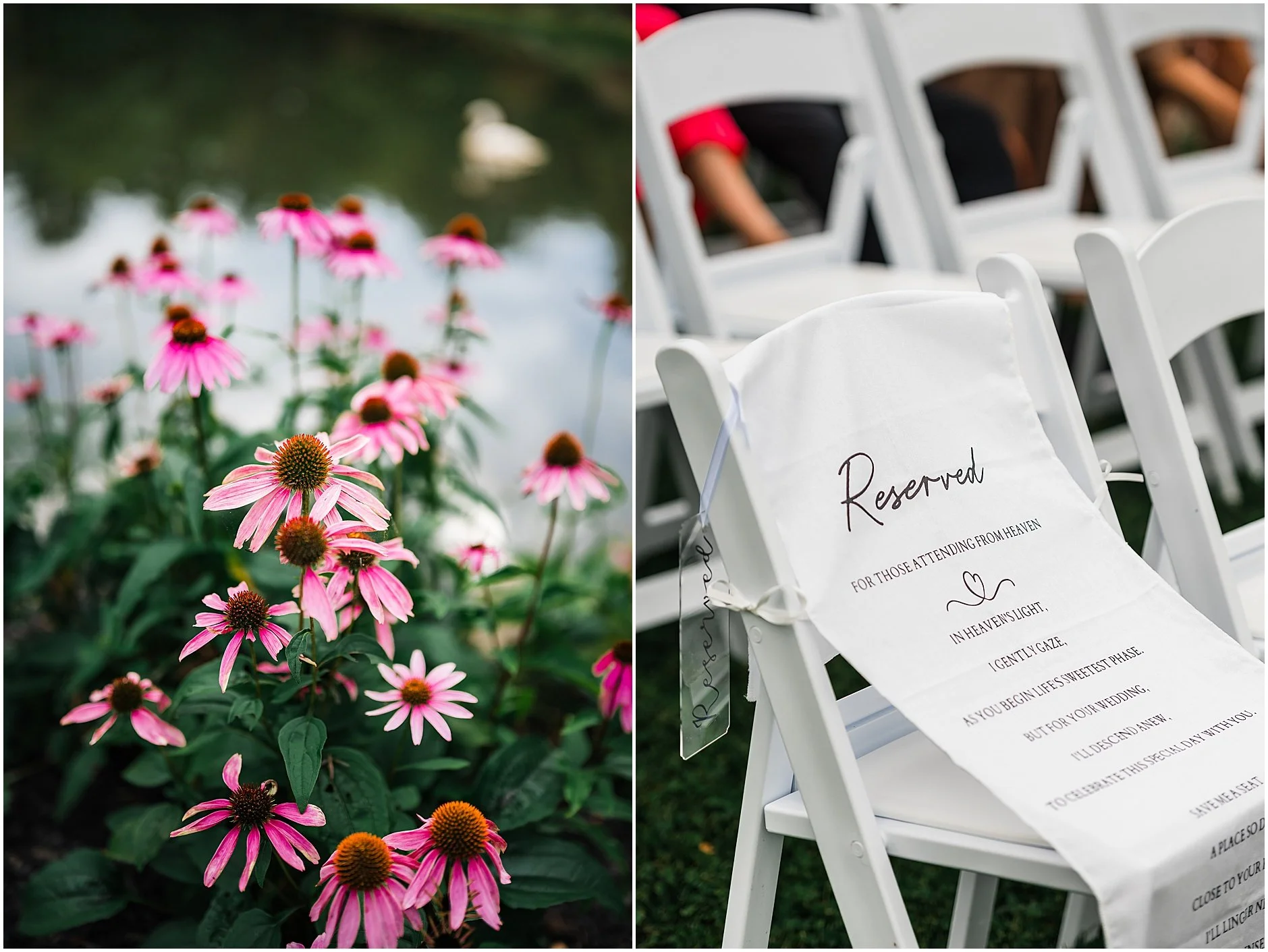 Flowers and reserved seating at lakeside wedding ceremony in Cooperstown