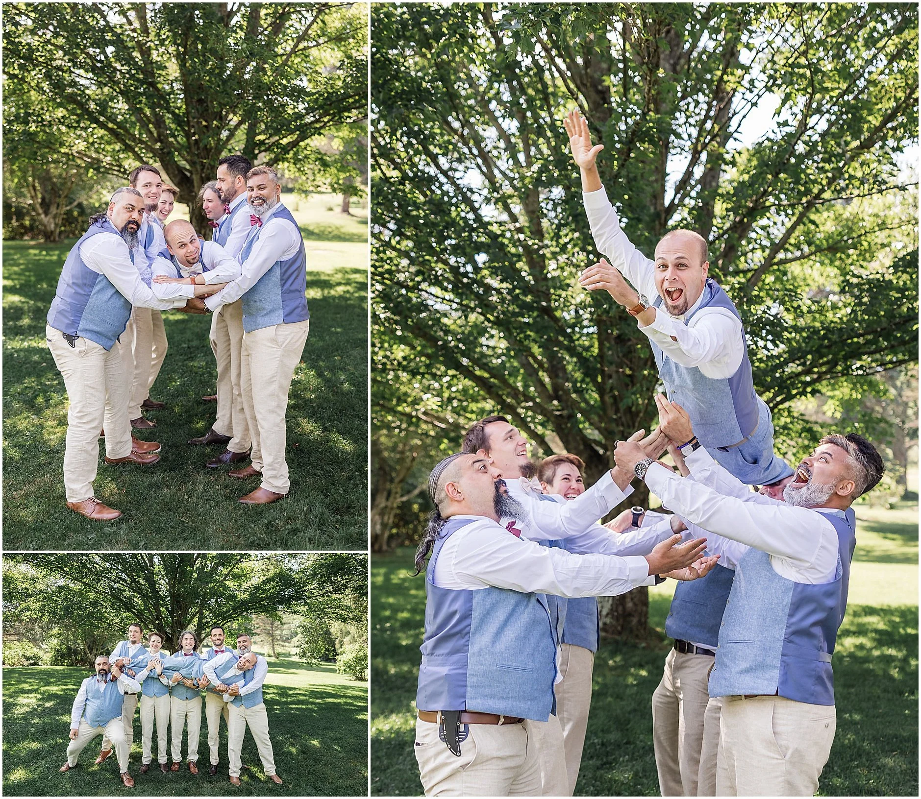 Groom flying in the air for fun groomsmen shots at The Inn at West Settlement
