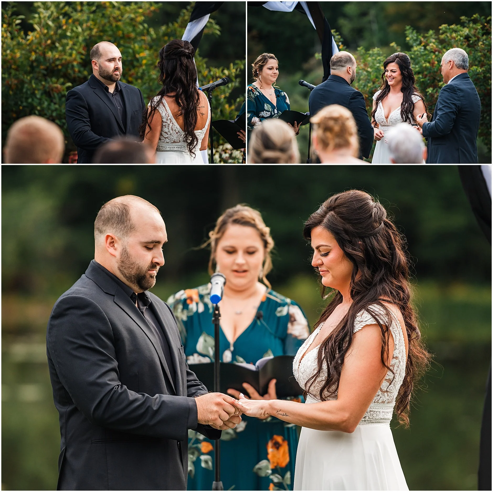 Bride and groom exchanging rings during waterfront wedding ceremony