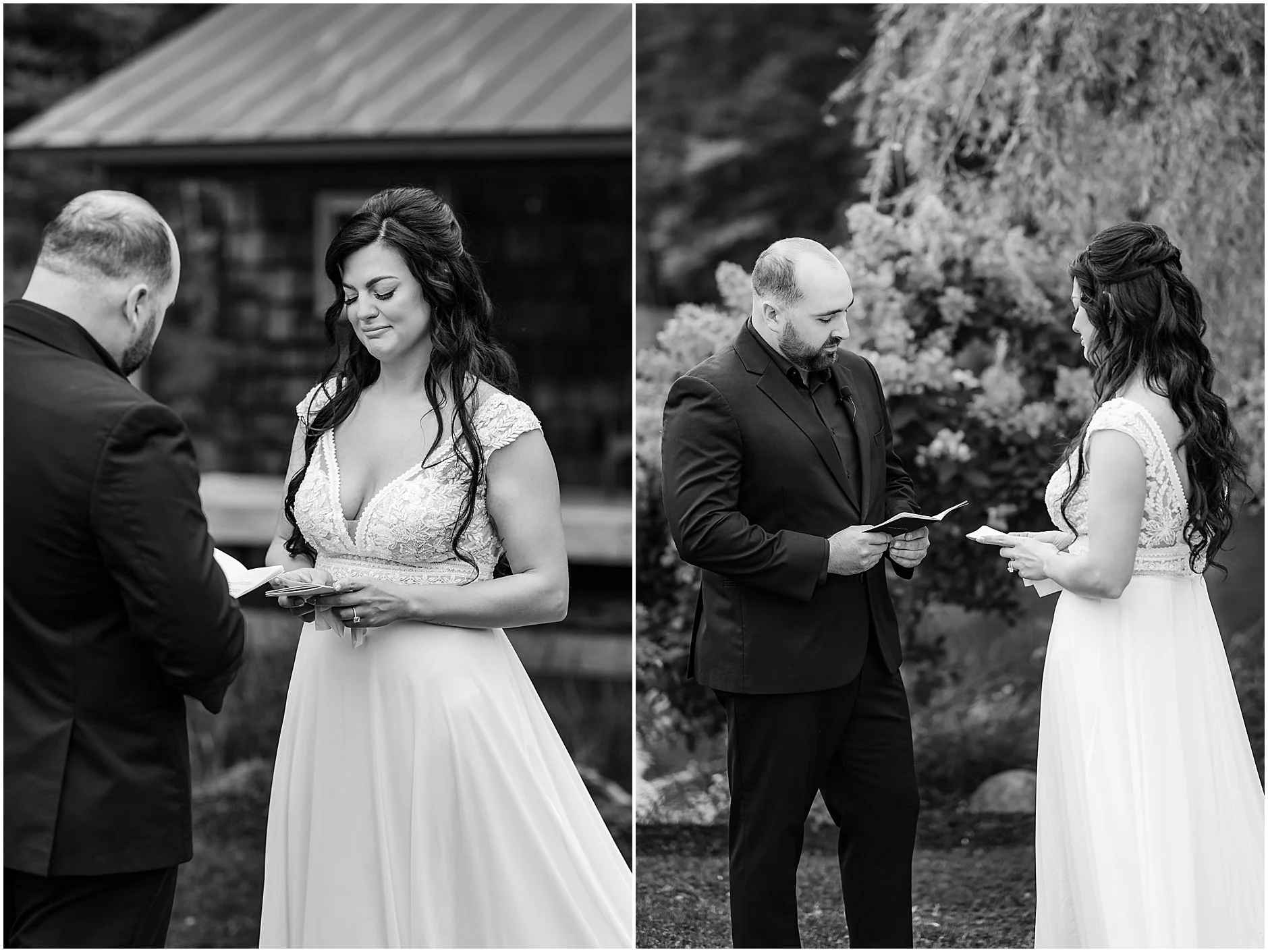Black and white image of bride crying during private vows