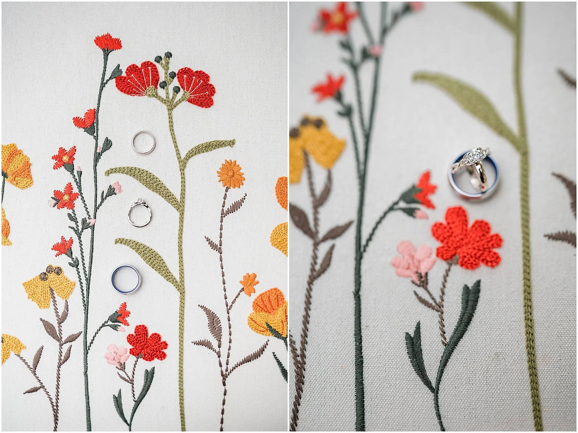 Bride and groom rings with a floral backdrop