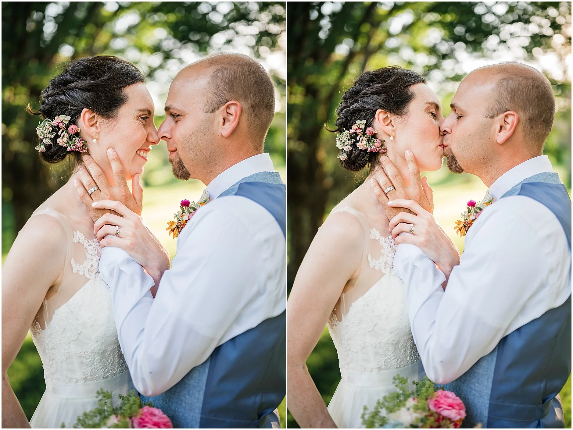 Bride and groom touching noses and sharing a kiss after their wedding ceremony in the Catskill Mountains of New York