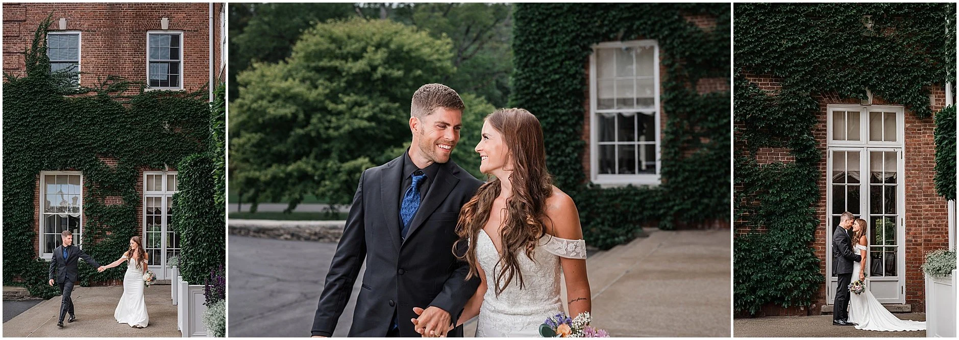 Couple walking hand in hand along the grounds of The Otesaga Resort Hotel during their Cooperstown, New York elopement.