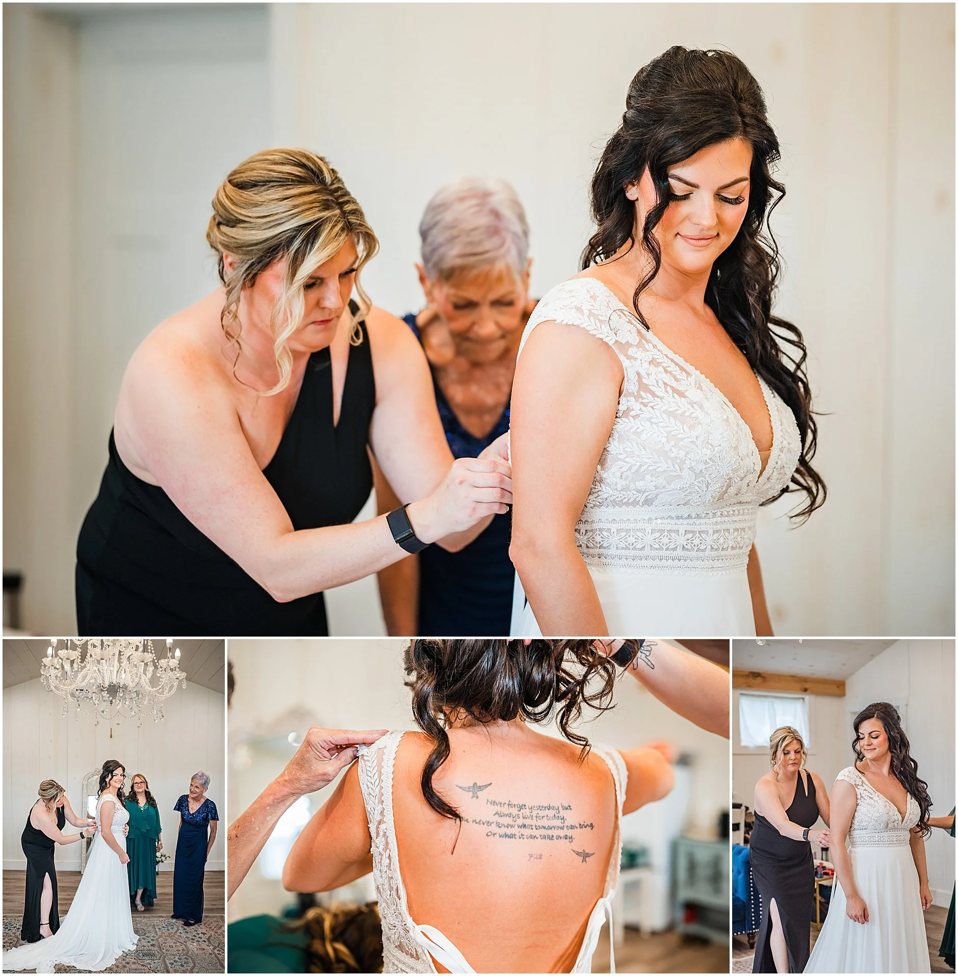 Sister helping the bride into her wedding dress before the ceremony at The Rosemary at Spano Lake in Cooperstown