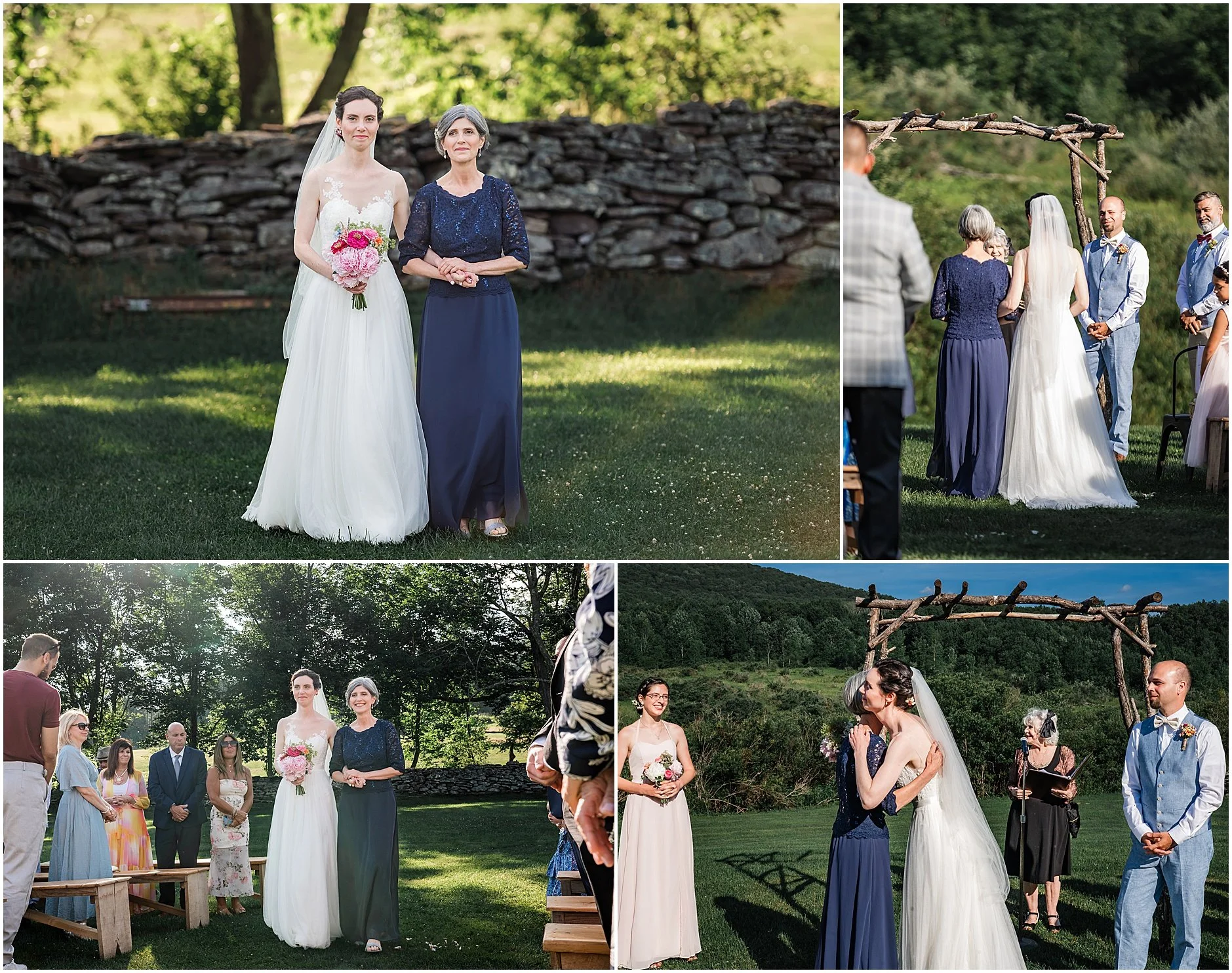 Mother of the bride walking her daughter down the aisle during a ceremony at The Inn at West Settlement in the Catskills