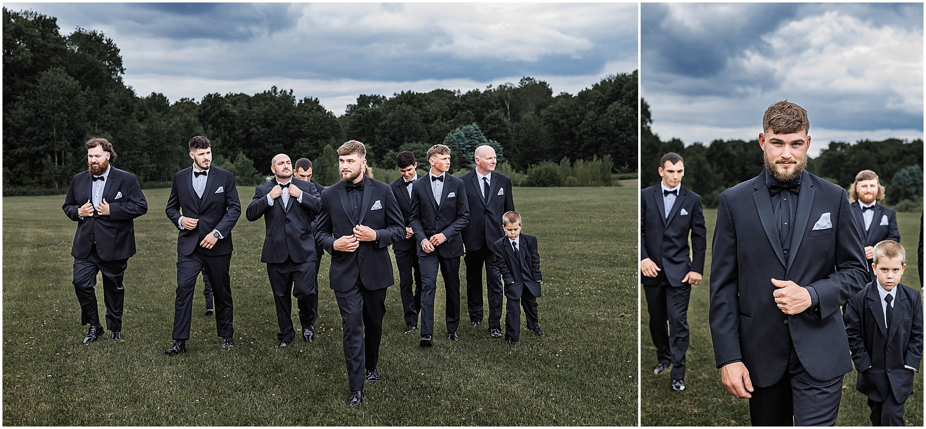 The groom and his groomsman walking towards the Upstate NY wedding venue.