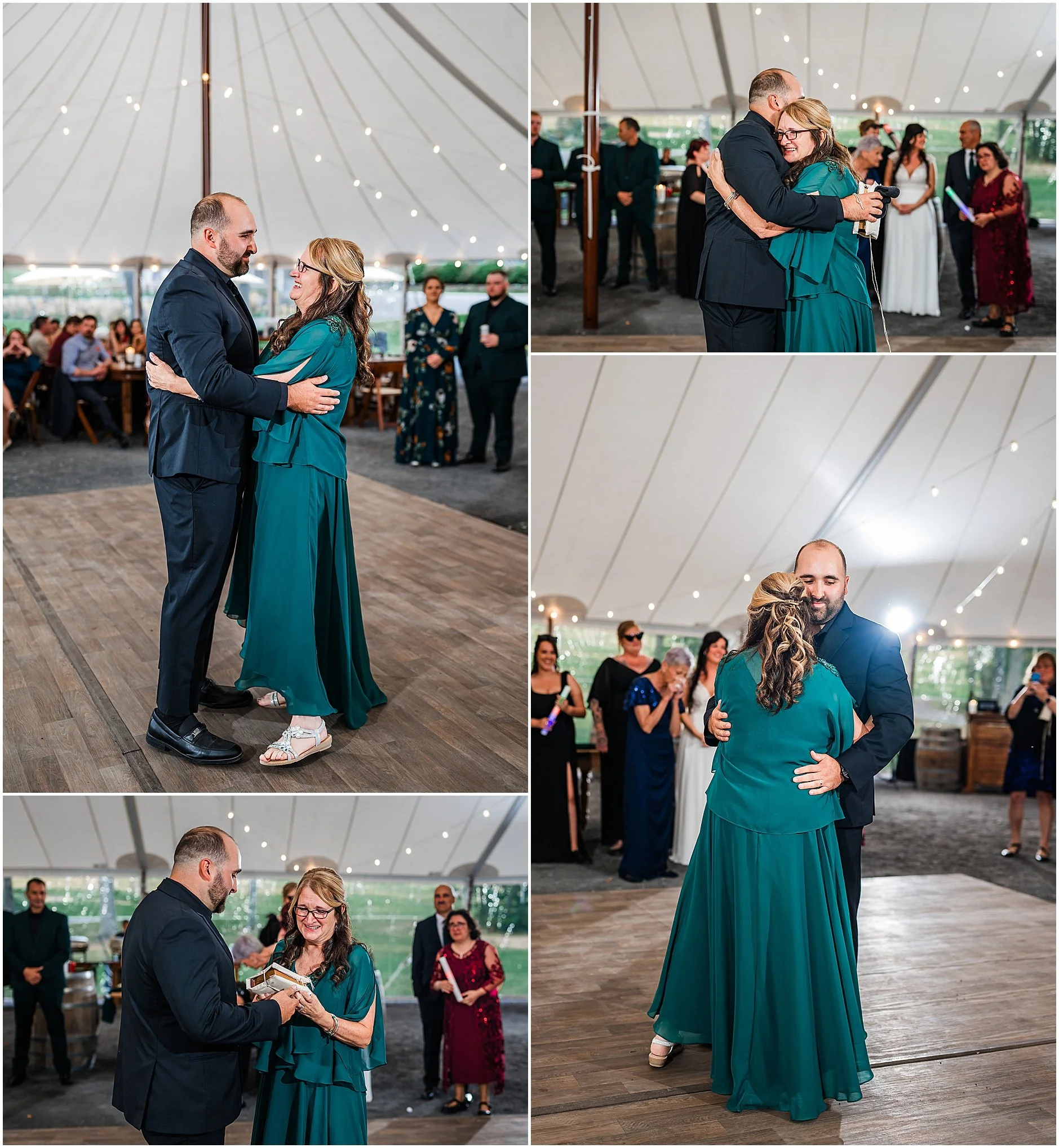 Joyful mother-son dance during Upstate New York reception