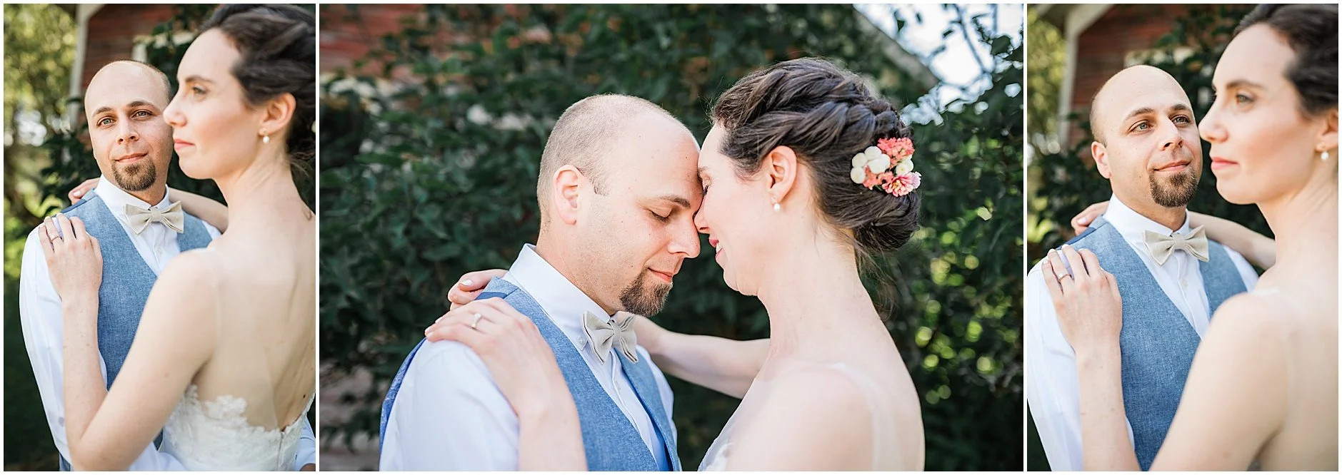 Newlyweds forehead to forehead sharing an intimate moment during their wedding in the Catskills