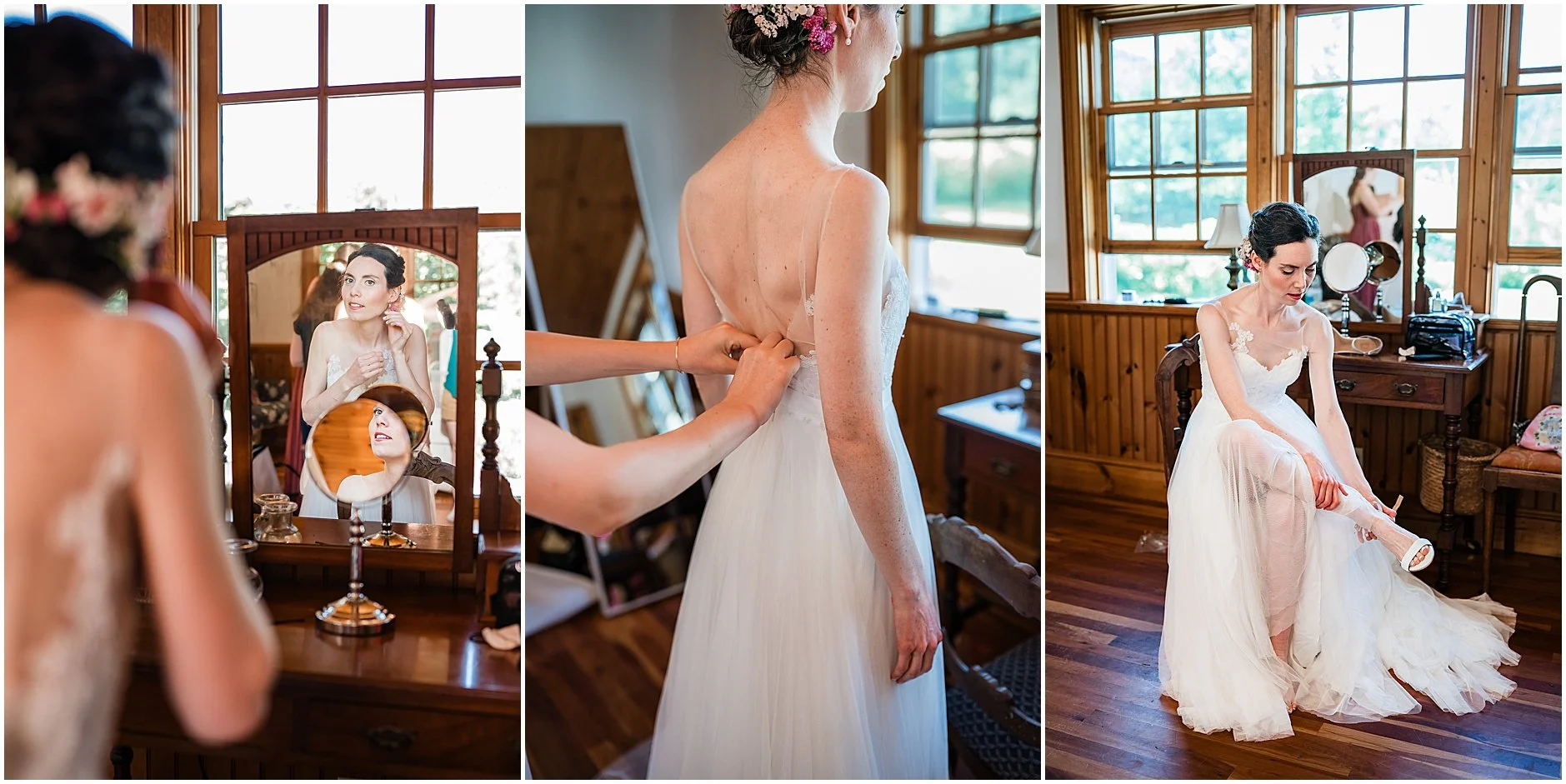 Bride in her wedding gown putting the final touches together before her ceremony at The Inn at West Settlement in Upstate New York.