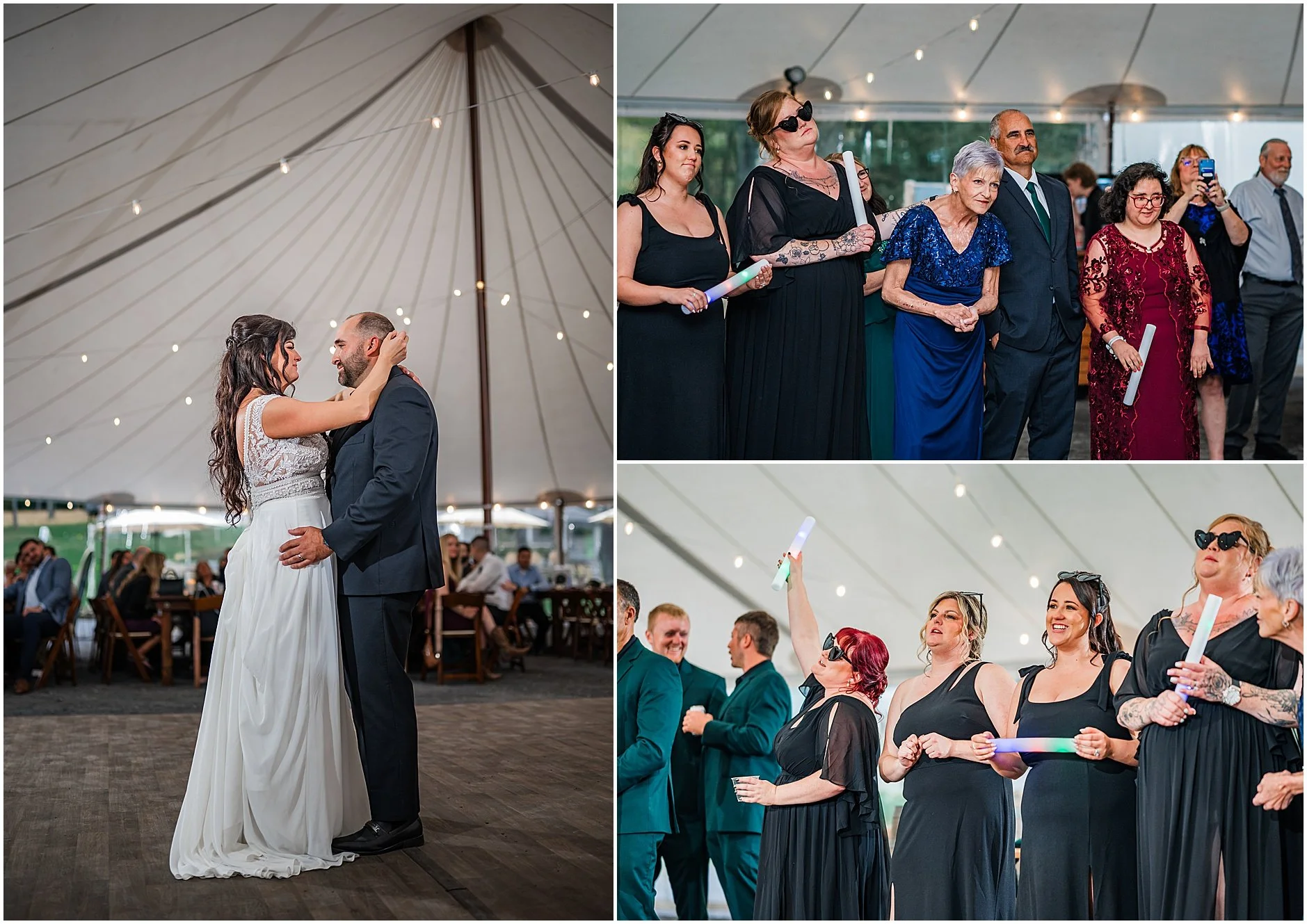 Joy-filled moments during first dance under tent at The Rosemary at Spano Lake