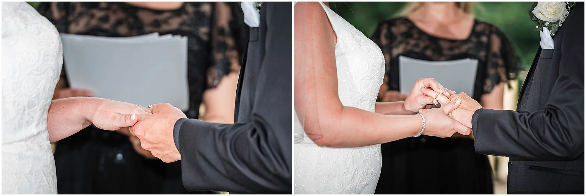 Upstate New York bride and groom placing rings on each others fingers.