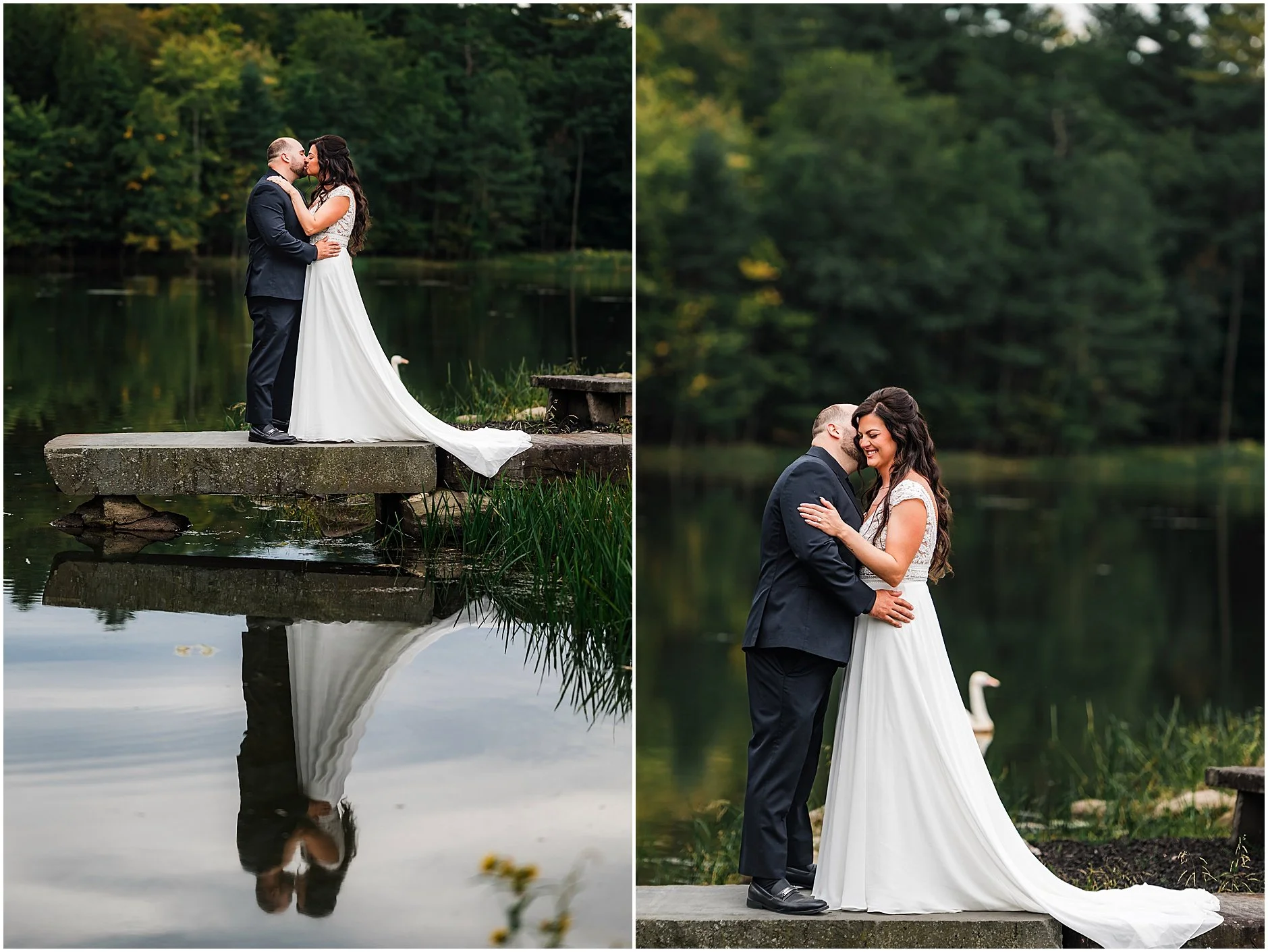 Bride and groom sharing a kiss by the water with their reflection showing at The Rosemary at Spano Lake