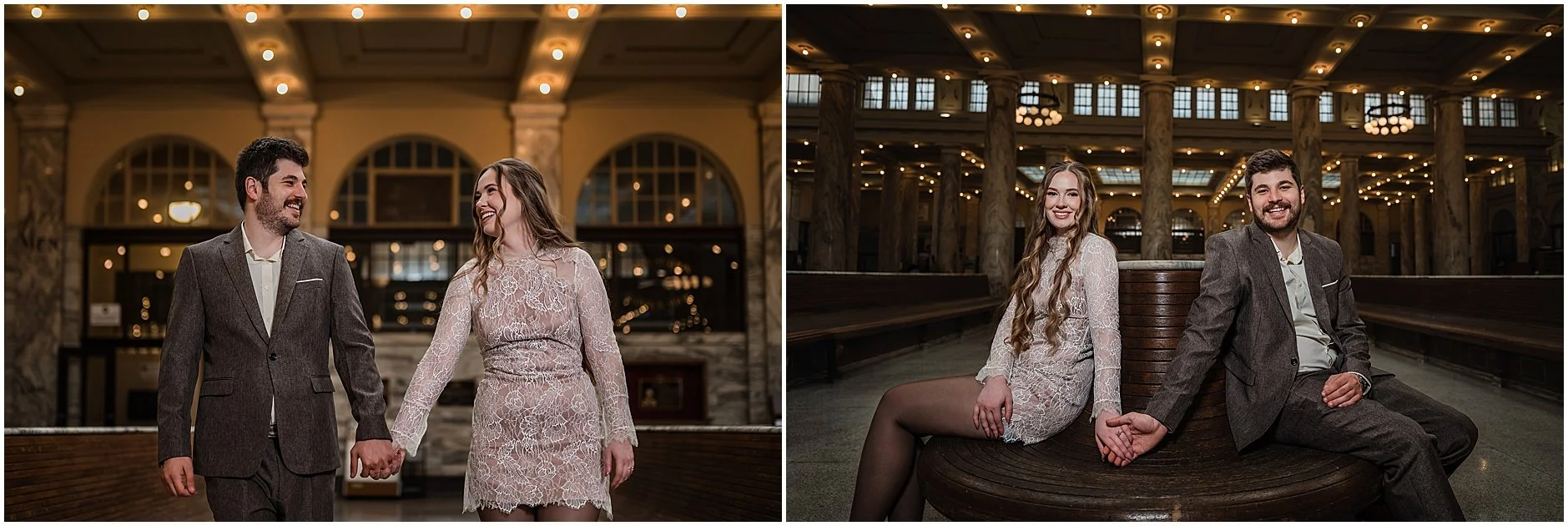 Alexis and Alec photographed at a historic train station with personal significance to Lexi, creating meaningful engagement photos in Upstate New York