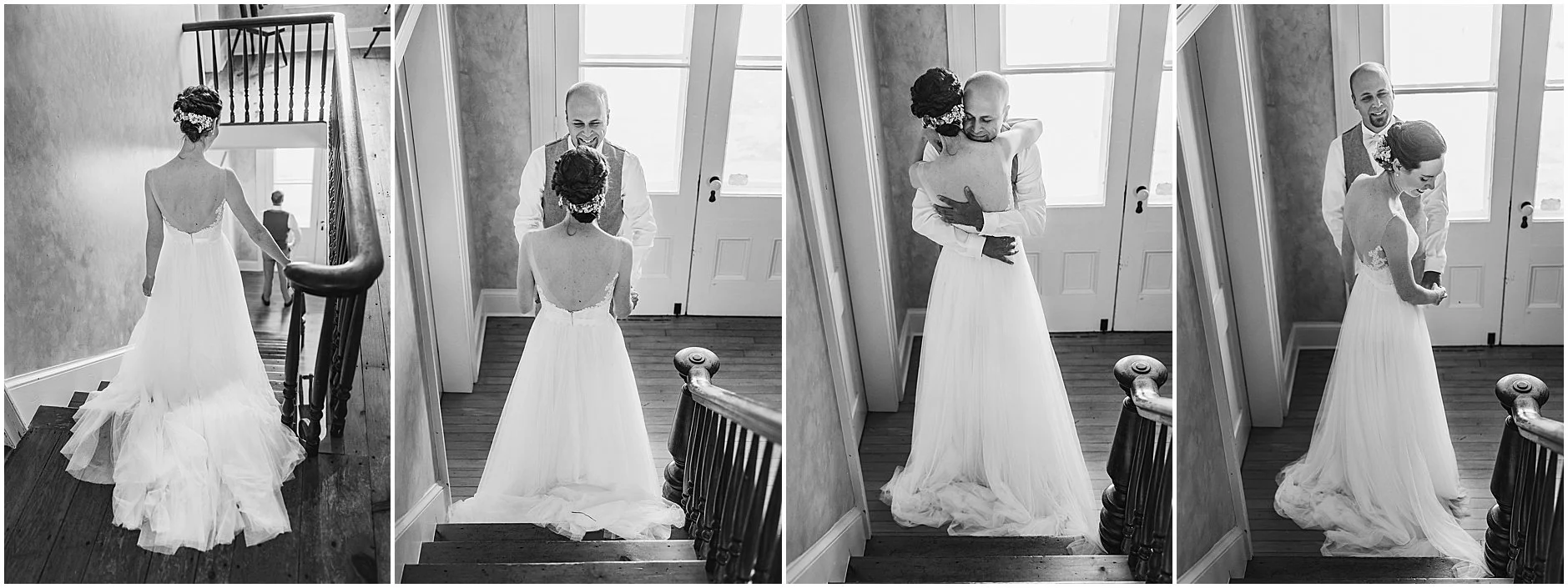 Black and white images from behind the bride as she walks down the stairs to meet her groom for the first look in the Catskills NY