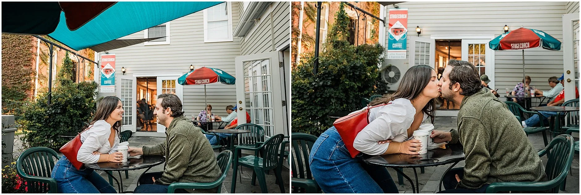 Cozy engagement portraits outside Stagecoach Coffee in Cooperstown NY