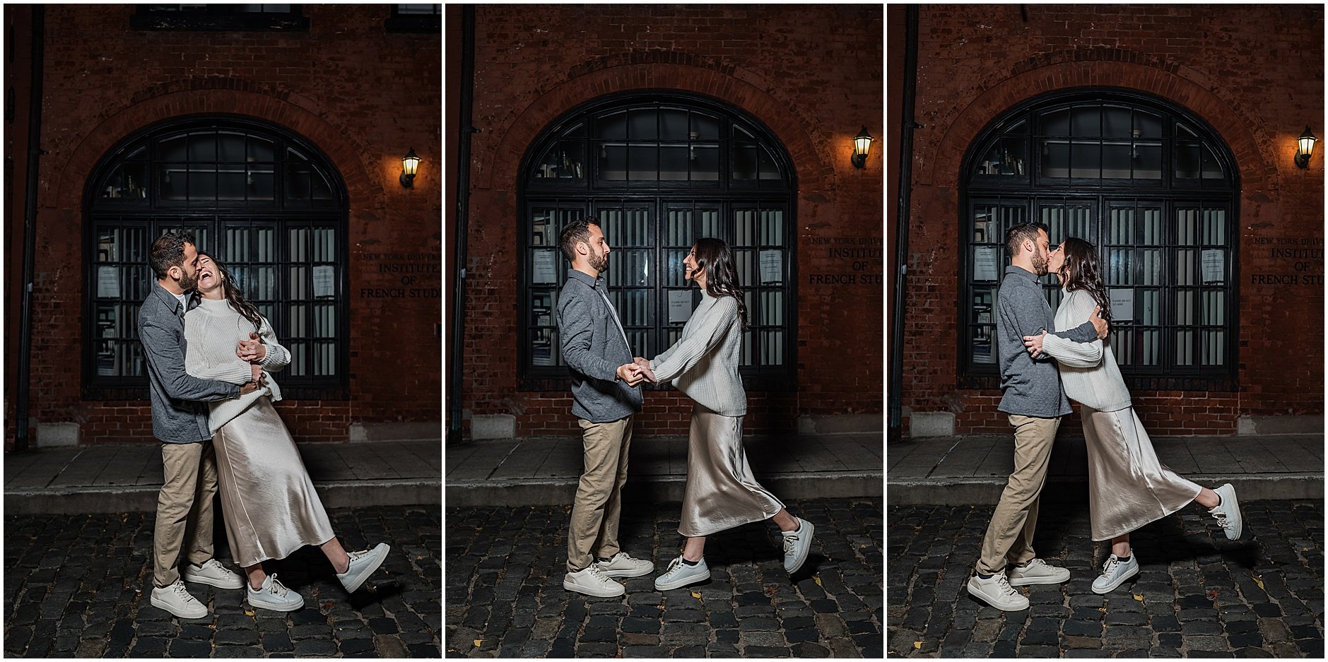 Romantic candid moments in Soho Manhattan during fun engagement session