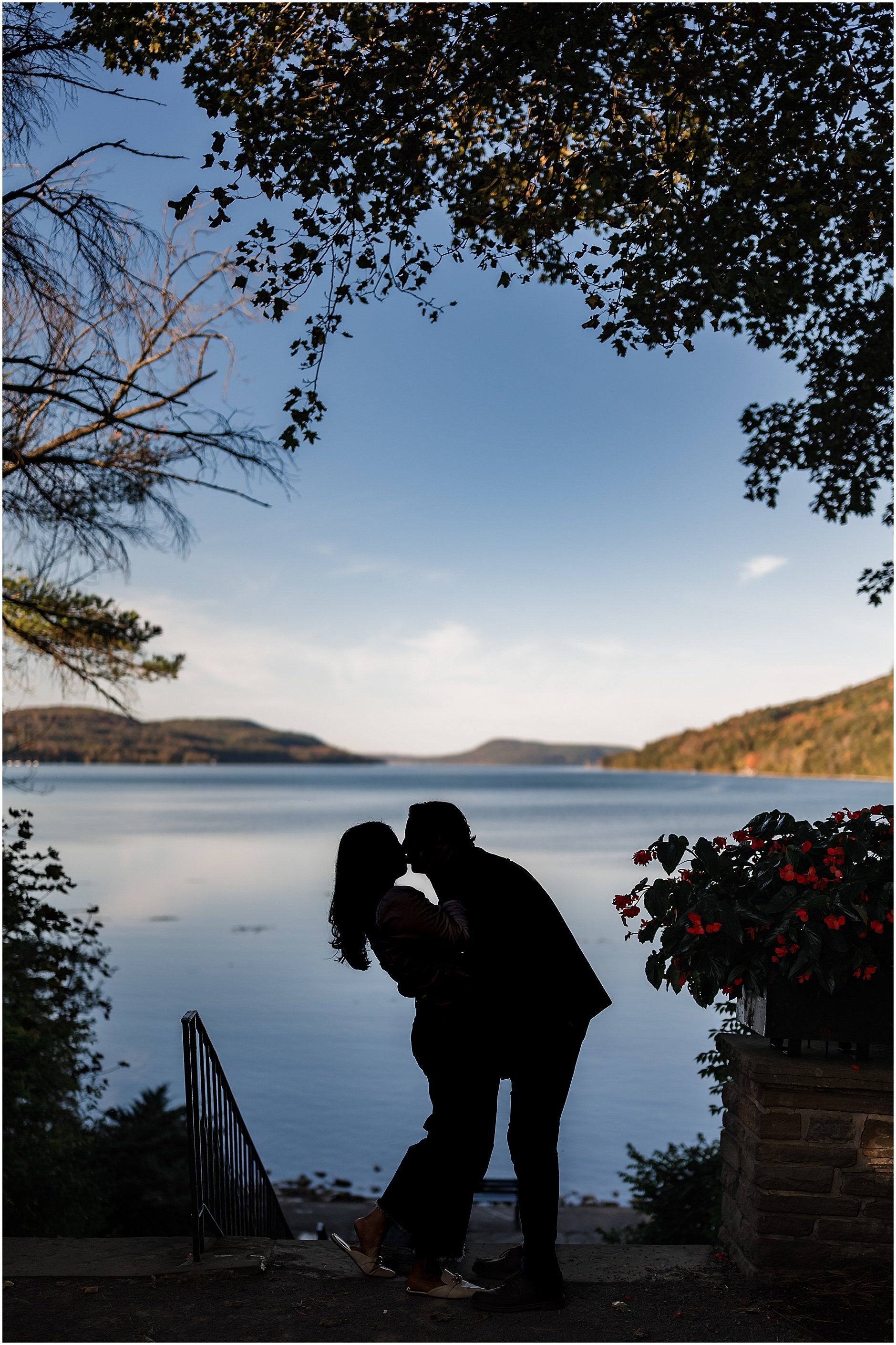 Romantic sunset portrait at Otsego Lake engagement session