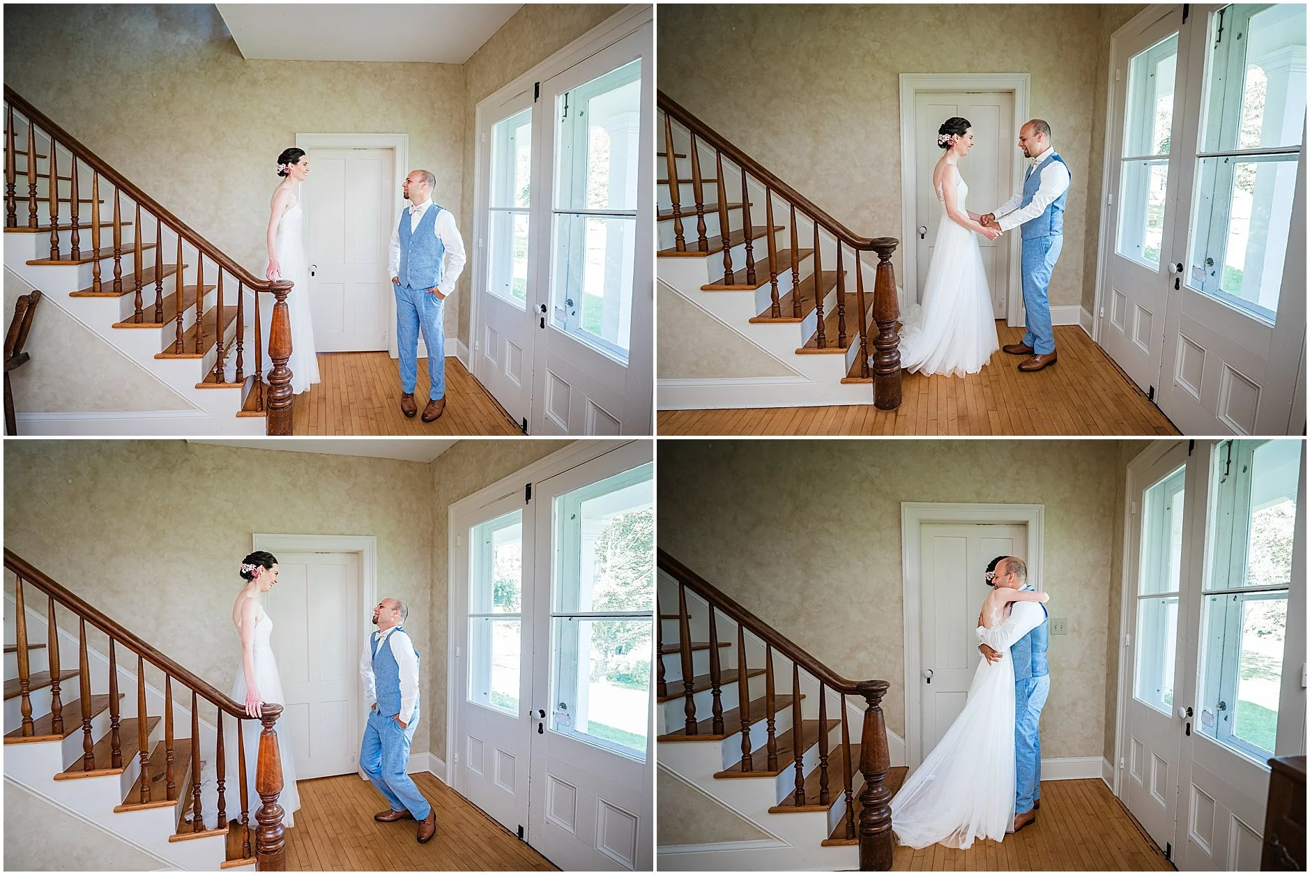 Bride and groom share an emotional first look in the stairway of The Inn at West Settlement