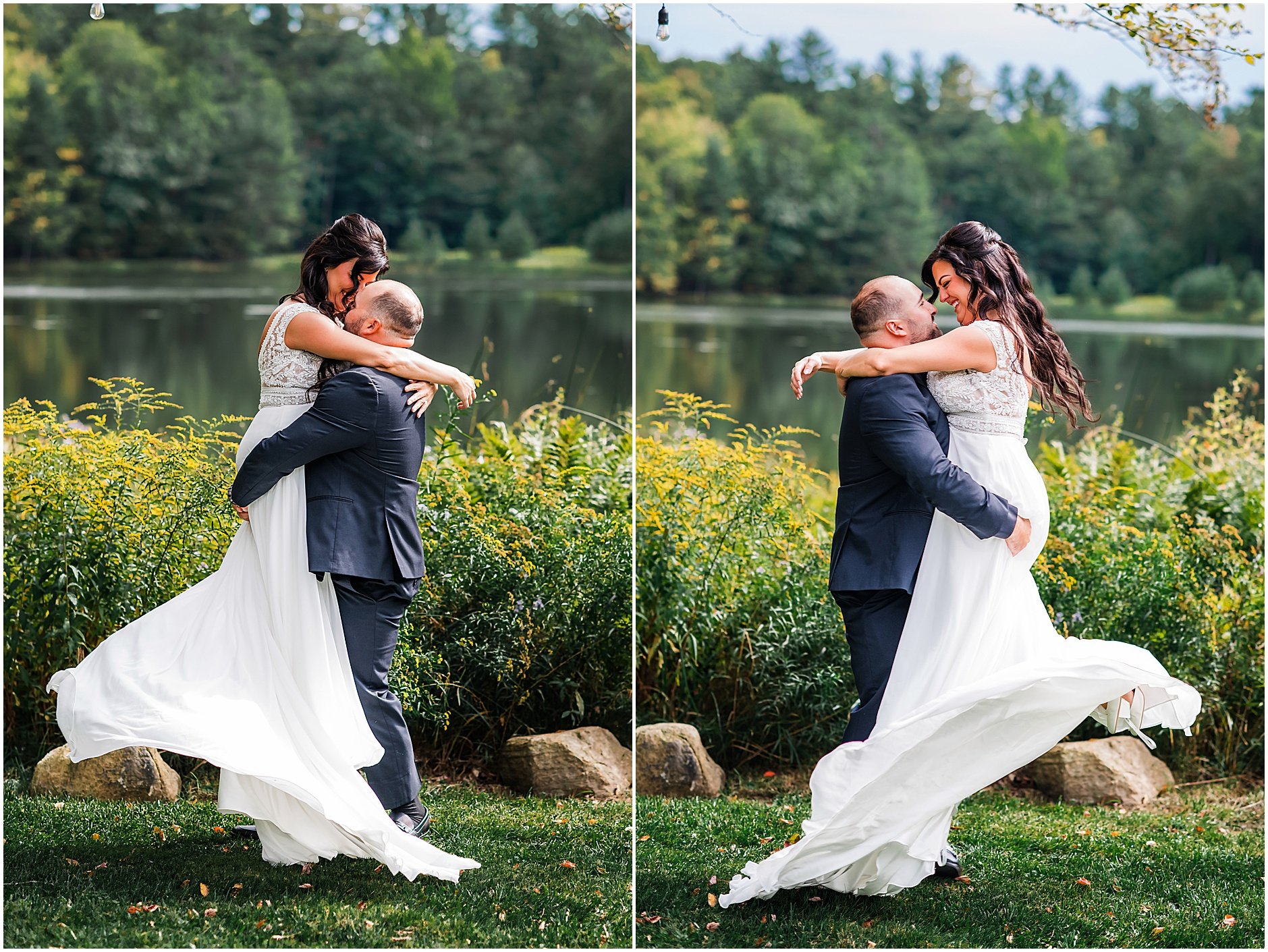 Groom lifting up his bride and spinning her around for joyful images by the lake