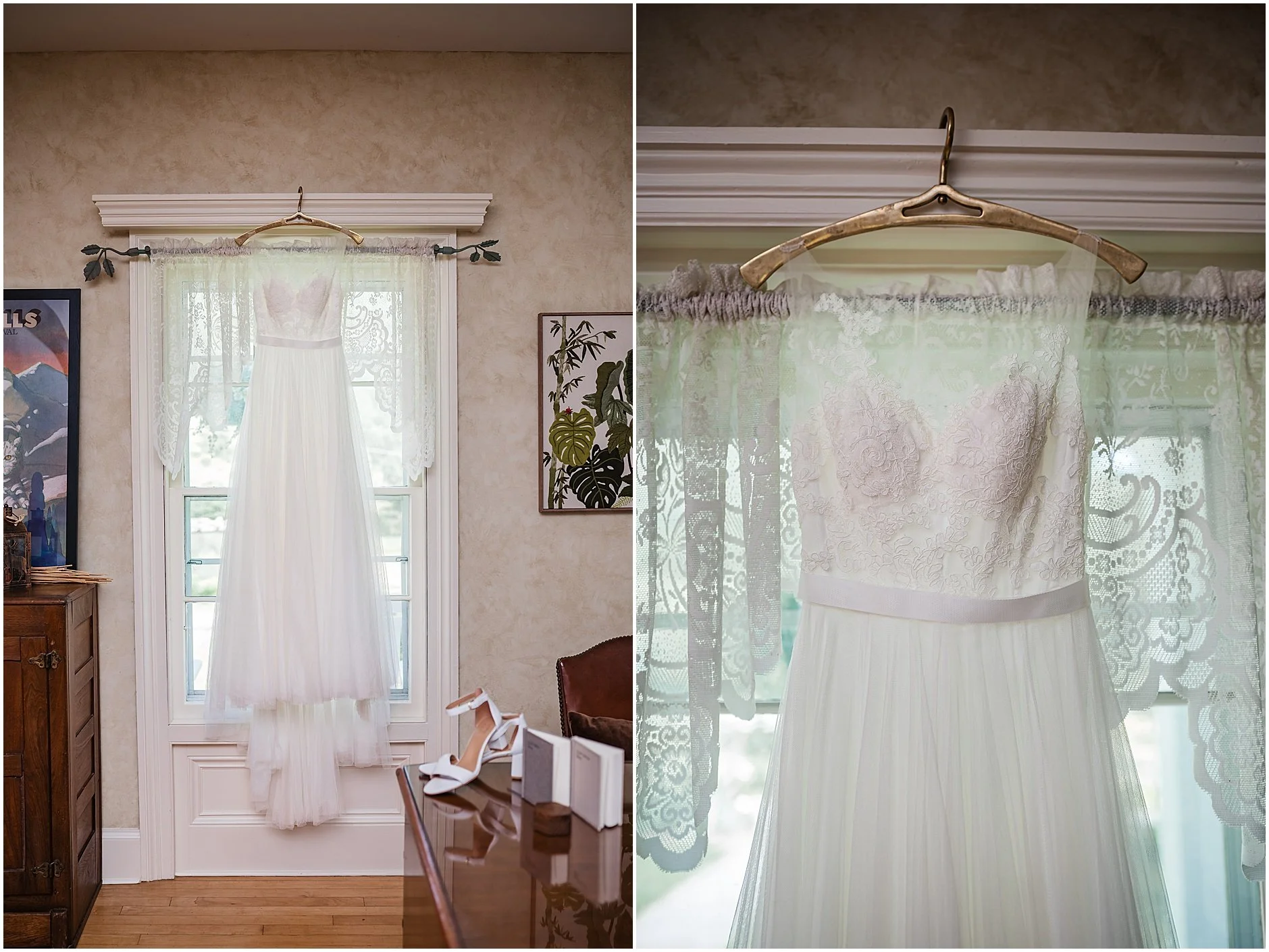 Bride's dress hanging by the window at The Inn at West Settlement in the Catskills, NY.