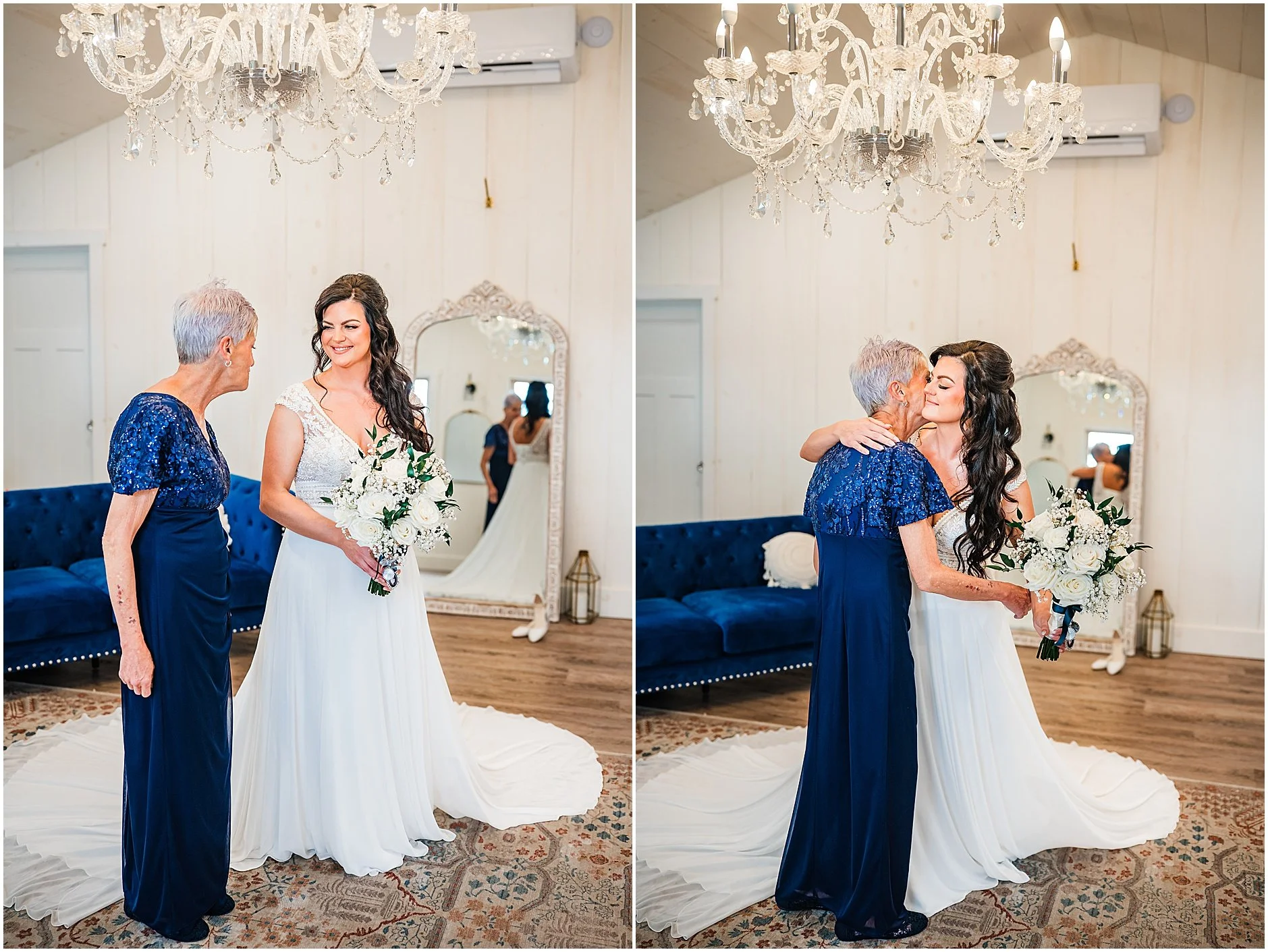 Bride sharing a sweet moment with her mom before getting ready to walk down the aisle