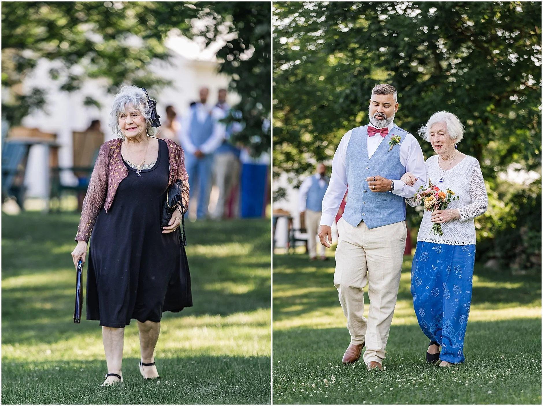 Grandmothers walking down the aisle at a wedding ceremony at The Inn at West Settlement in Upstate NY