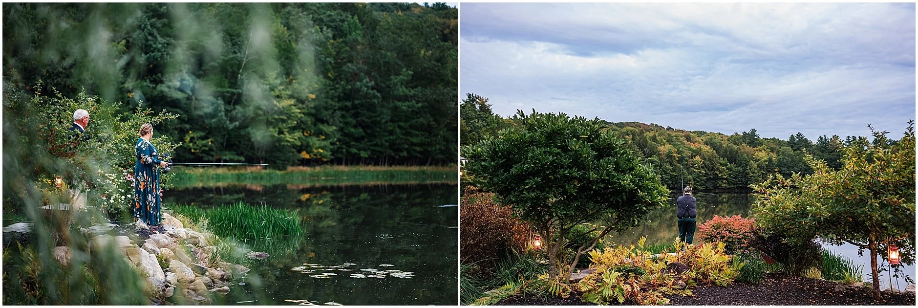 Guests fishing at The Rosemary at Spano Lake during cocktail hour