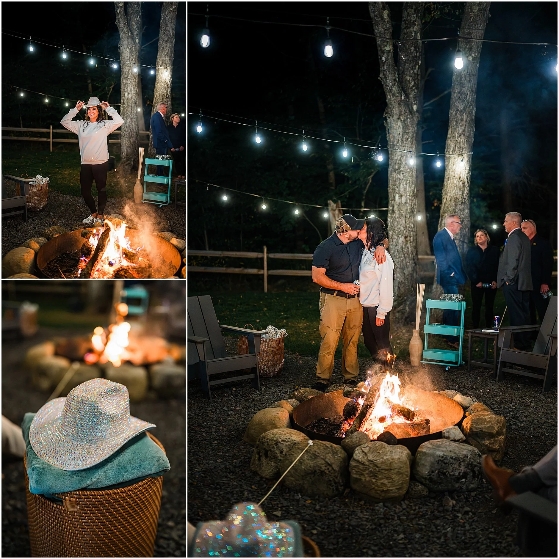 Bride and broom sharing a kiss by the camp fire