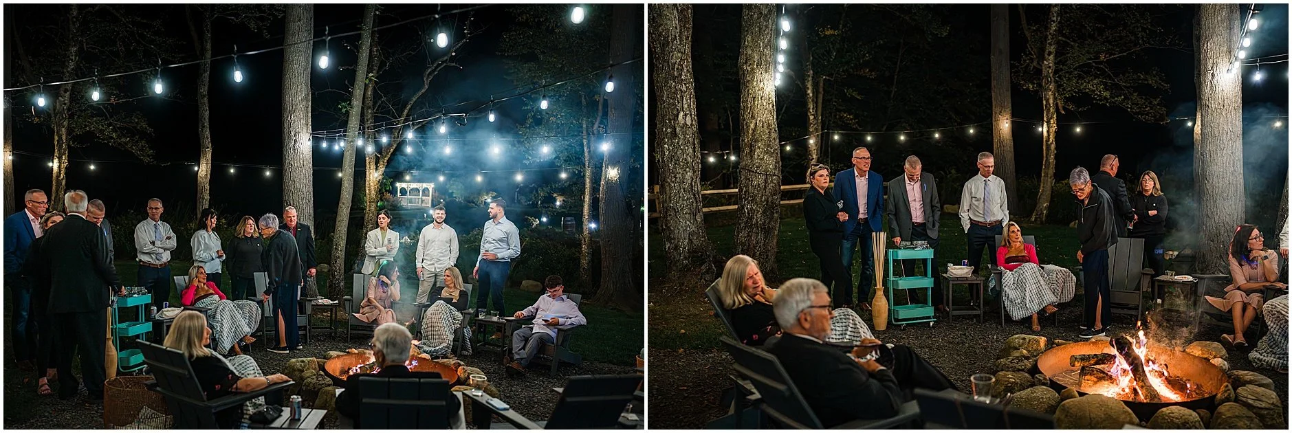 Candid moments by camp fire at The Rosemary at Spano Lake in Cooperstown New York