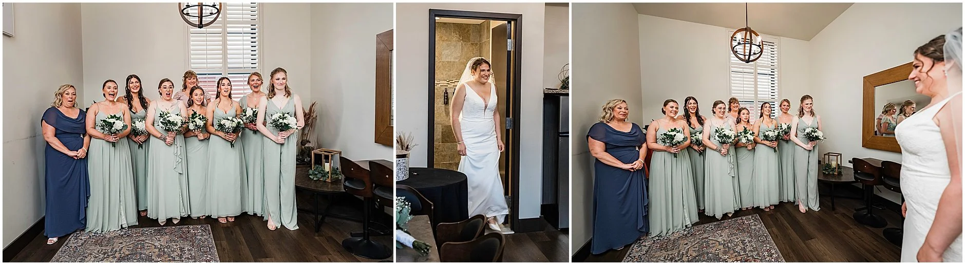 Bridesmaids react to seeing the bride in her dress of the first time at this spring wedding in New York.