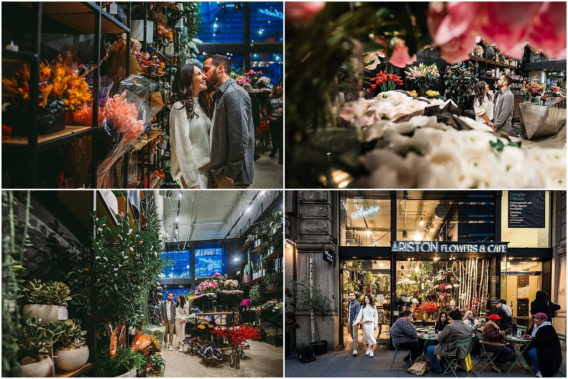 Candid images of couple wandering through a cute flower and coffee shop in Manhattan