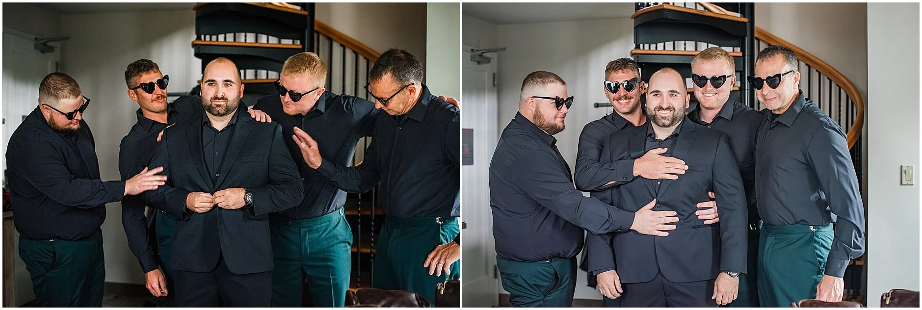 Candid images of the groom and his groomsmen as they wear black heart-shaped sunglasses