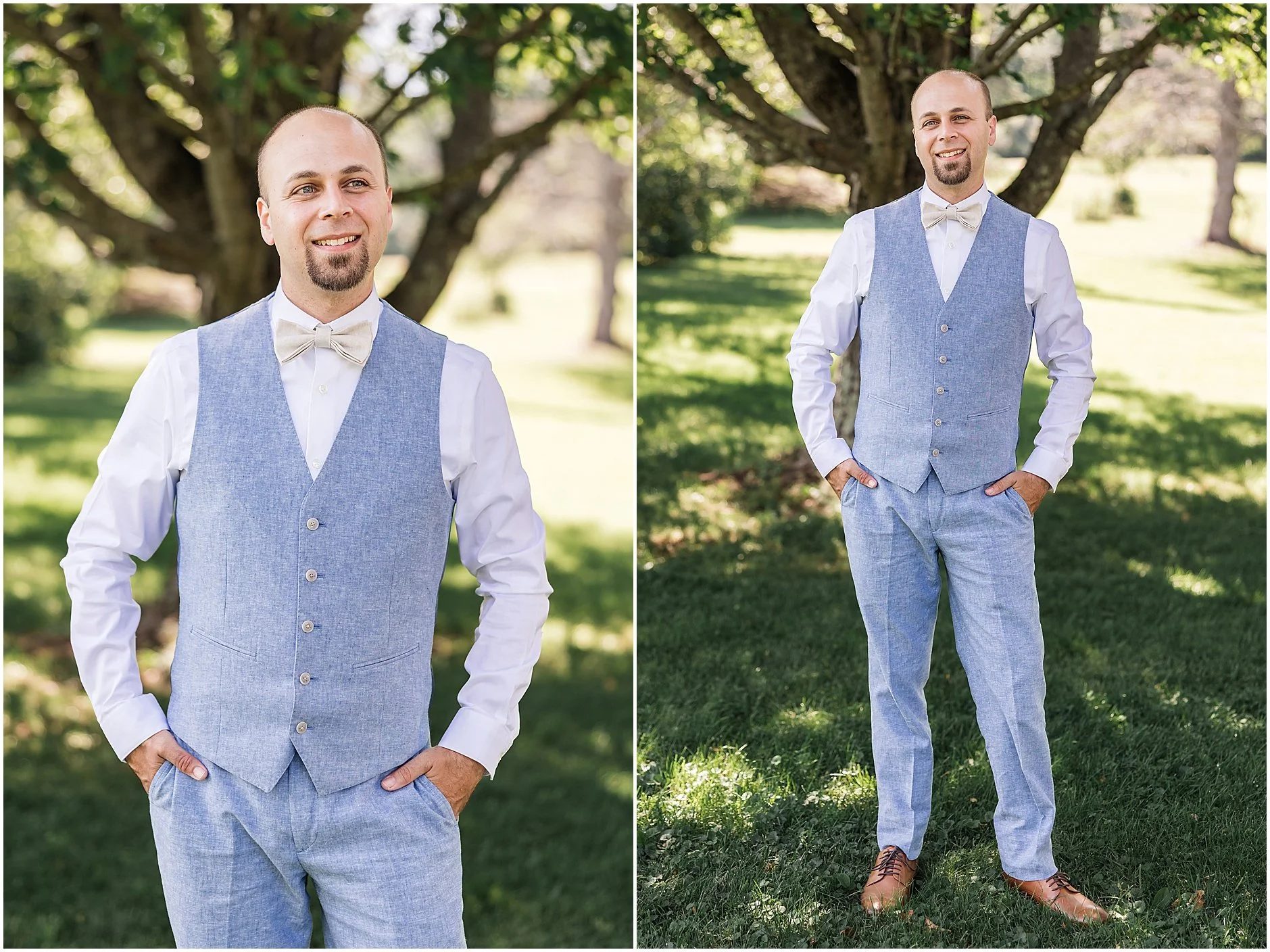 Groom posing for portraits with his hands in his pockets under a tree with glowy light at a wedding venue in the Catskills, The Inn at West Settlement