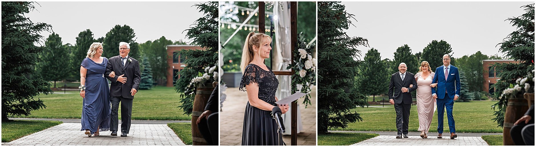 The parents of the bride and groom walking down the aisle at a wedding in Upstate New York.