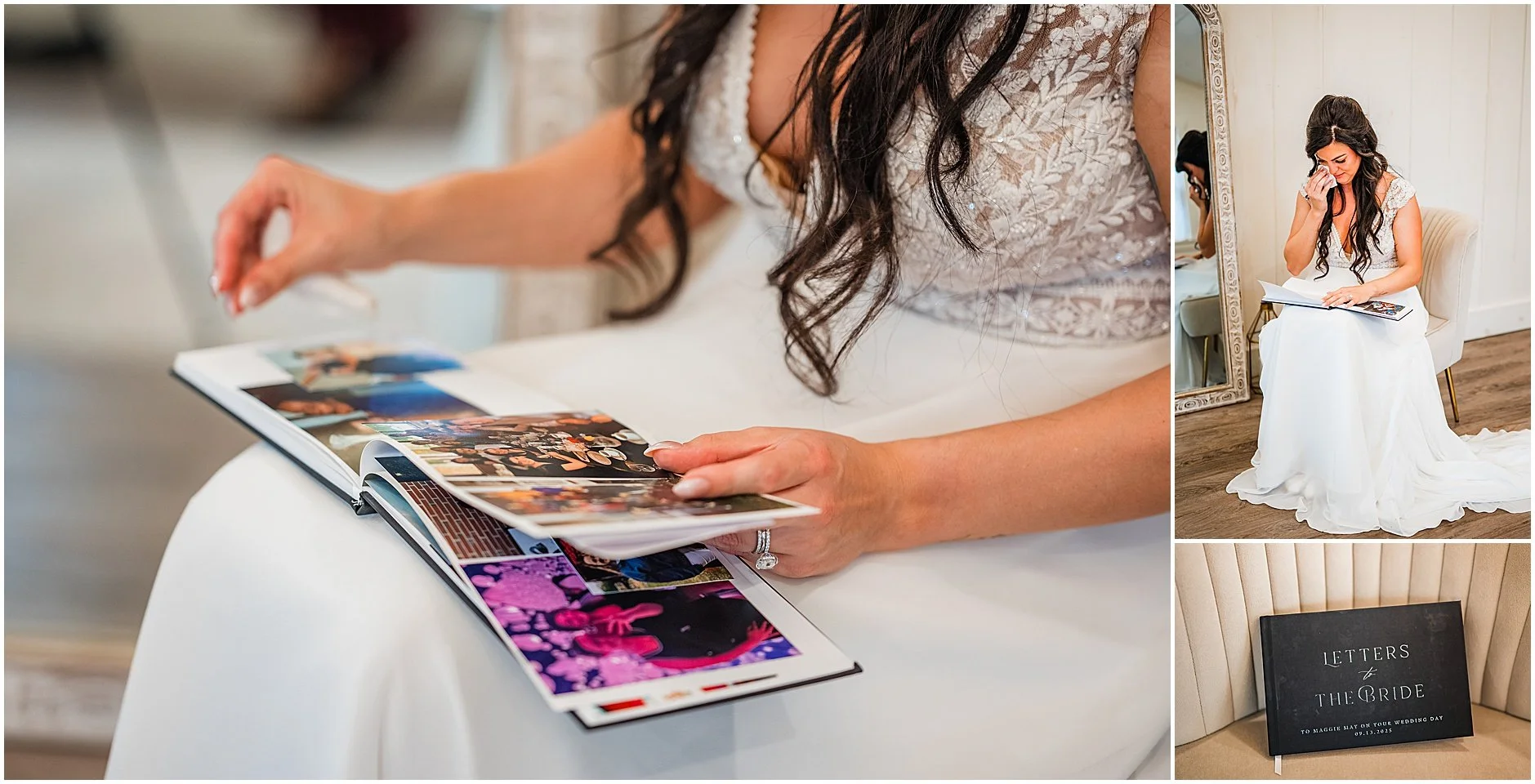 Bride shedding tears as she looks through letters from her bridesmaids