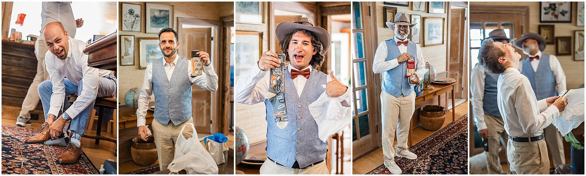 Groomsmen opening their gifts from the groom at an Upstate New York wedding