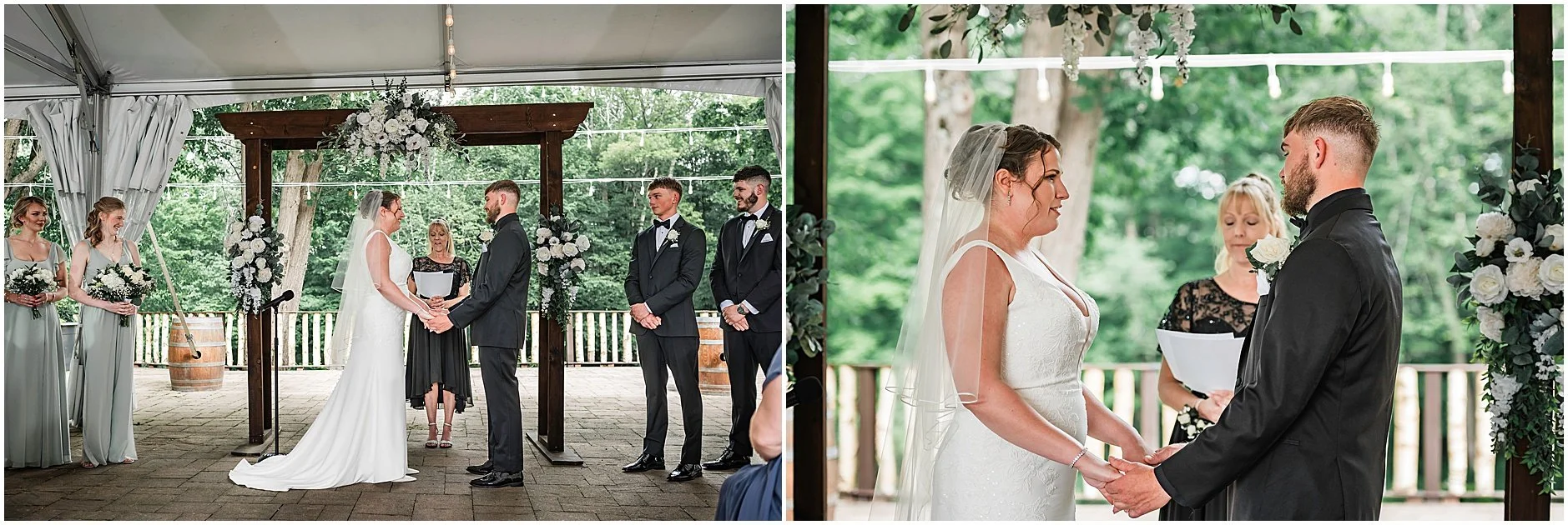 Bride and groom holding hands during their Upstate New York ceremony.