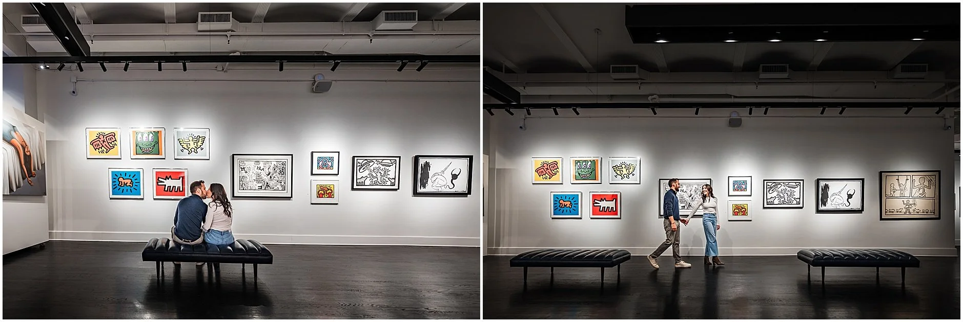 Couple photographed near Keith Haring artwork during NYC engagement session