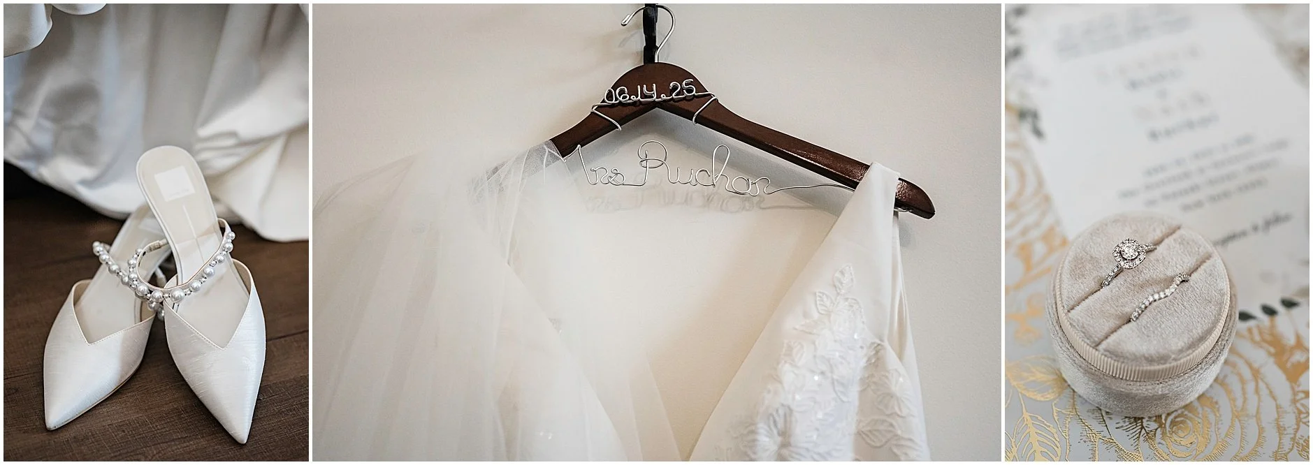 Catskill, NY wedding detail shots of shoes, the dress, and the rings.