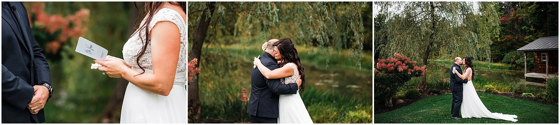 Bride and groom sharing a hug and kiss after exchanging private vows by the water at The Rosemary at Spano Lake in Cooperstown NY
