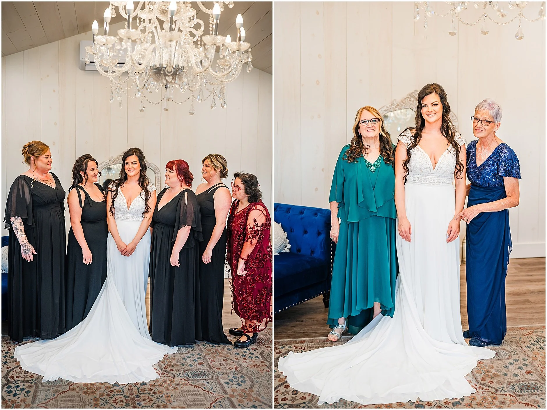 Bride posing with her bridesmaids and family before walking down the aisle