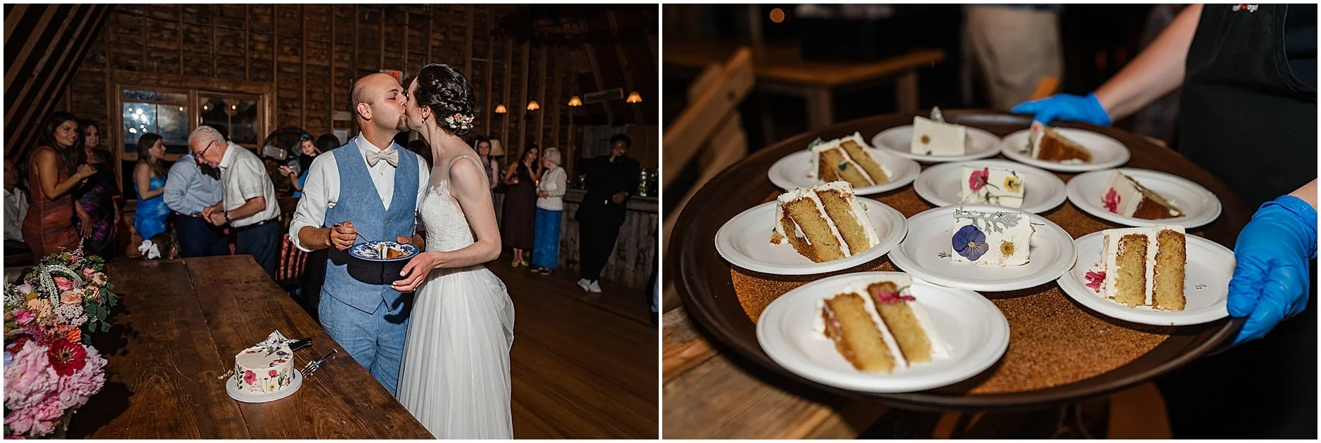 Bride and groom sharing a kiss as they cut their cake
