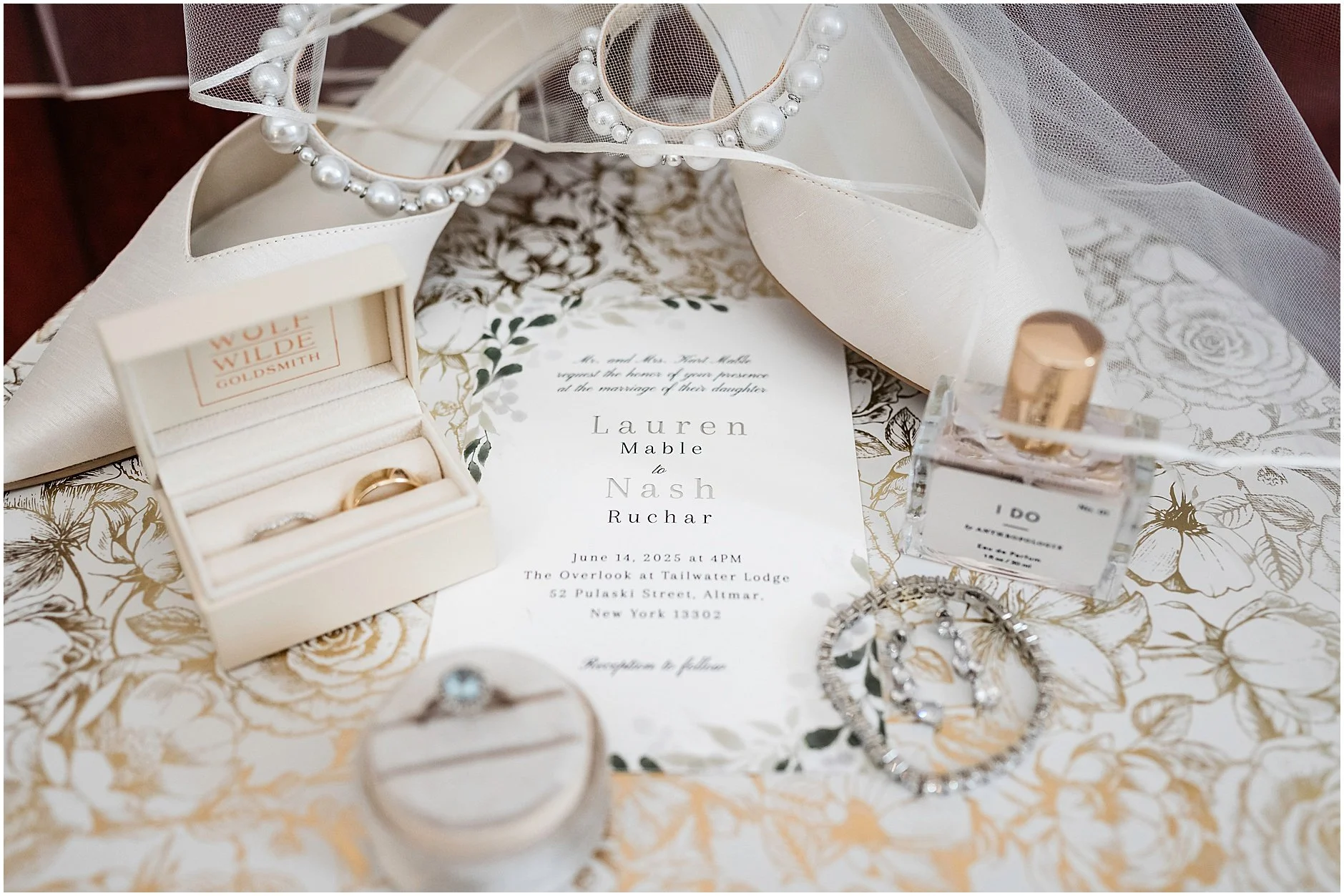 Detail shot at a Catskill, NY wedding venue featuring the bride's detail set.
