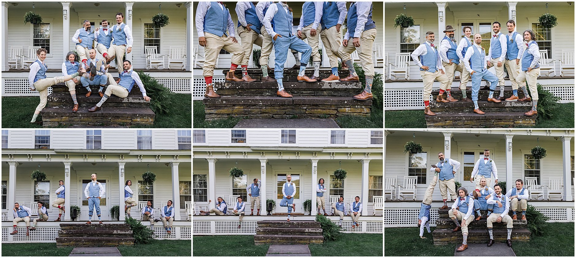 Groom and groomsmen showing off their socks as they pose on the porch of The Inn at West Settlement