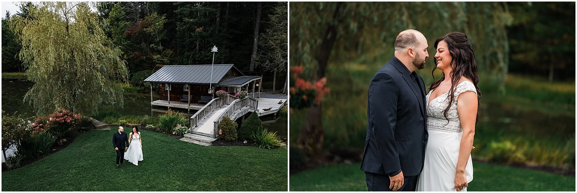 Newlyweds sharing intimate moments together at The Rosemary at Spano Lake by the water