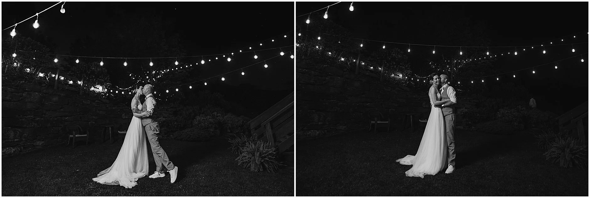 Black and white images of newlyweds sharing a kiss under the stars in the Catskill Mountains