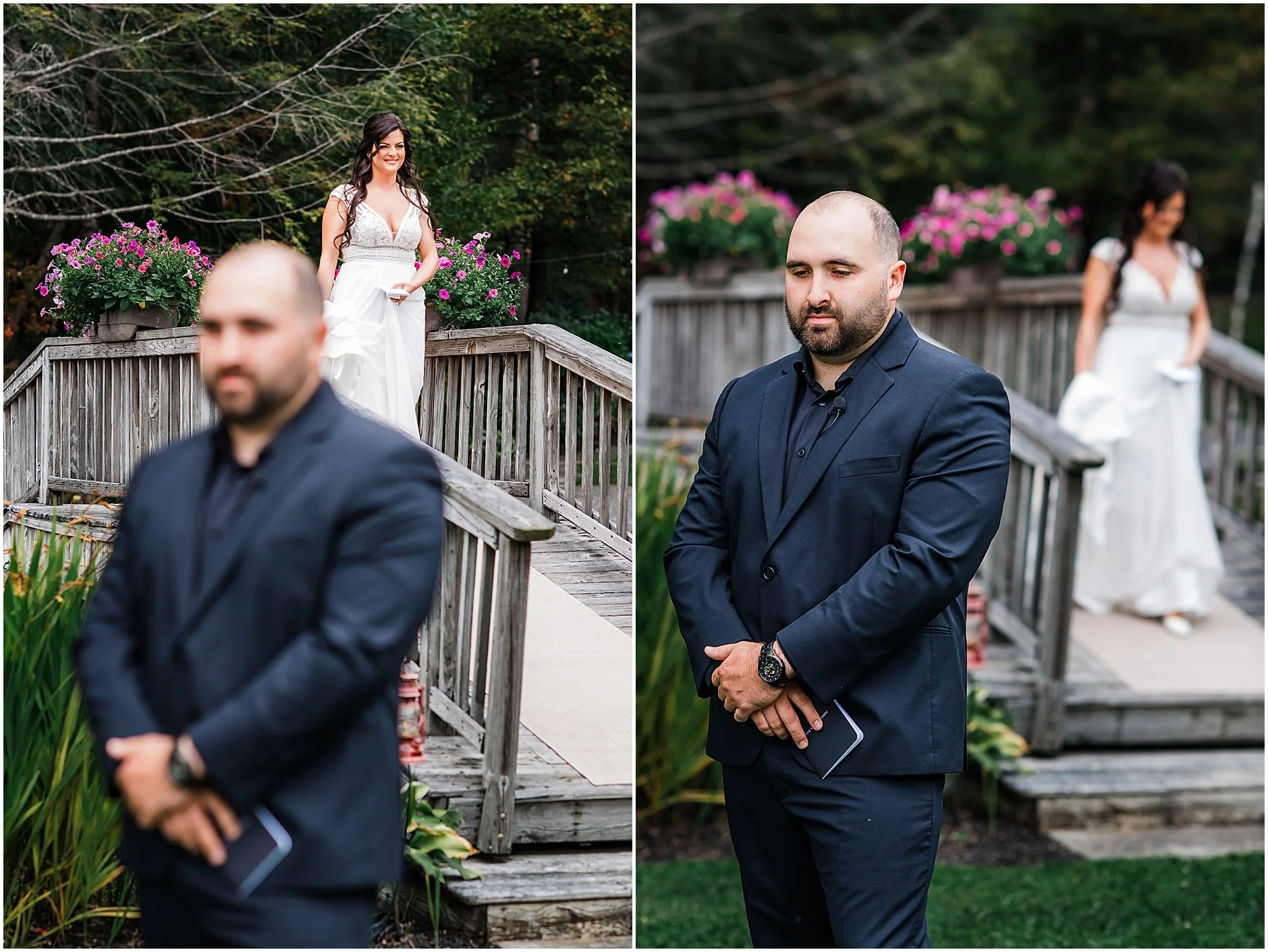 Bride walking over the bridge at The Rosemary at Spano Lake as she meets her groom for their first look by the water