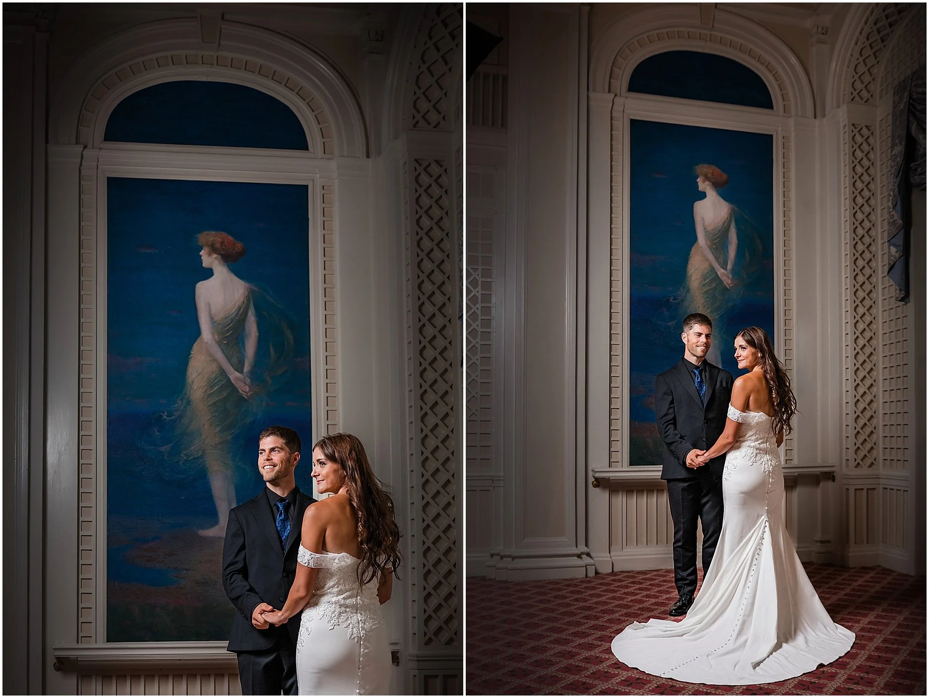 Bride and groom posing for elegant portraits during a Cooperstown elopement.