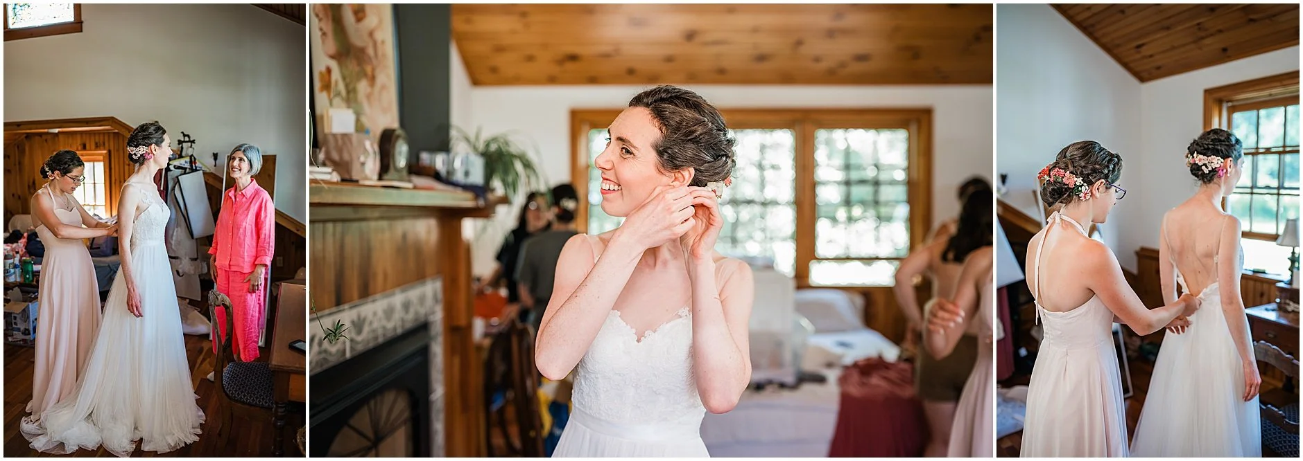 Maid of Honor helping the bride into her wedding dress at The Inn at West Settlement